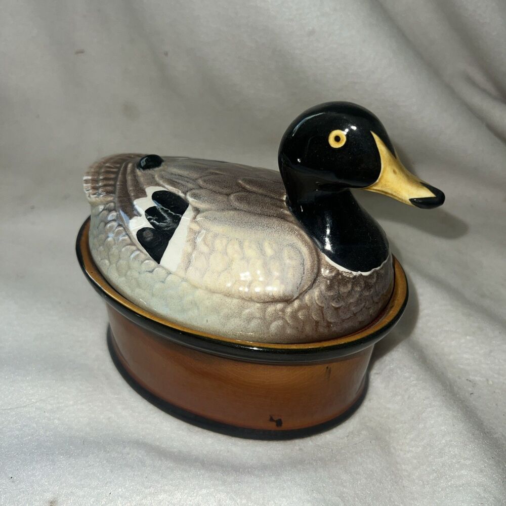 Vintage Duck Dish Ceramic Mallard Covered Bowl Collectable Home Decor Desk